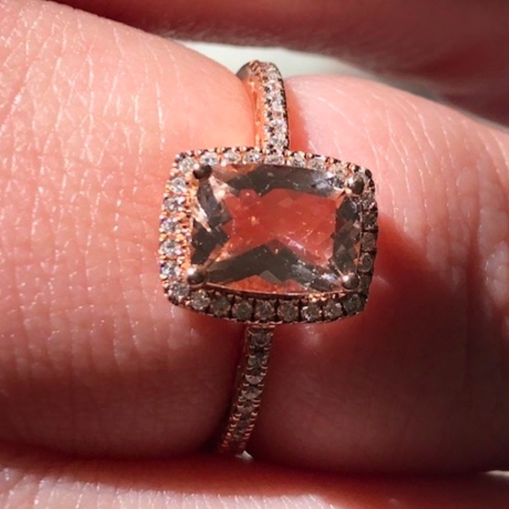 Moissanite Cushion Cut Halo Ring – Rose Gold – Pavé Band